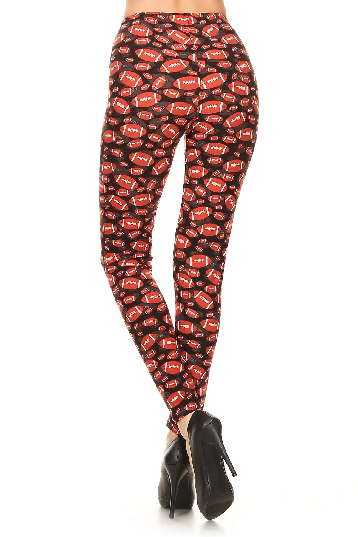 Women's PLUS Rugby Ball Pattern Printed Leggings - Football Black Red